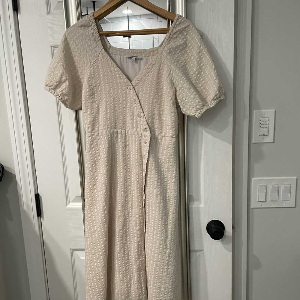 Madewell puff-sleeve button-wrap midi dress in undyed stripe -AS IS: see below